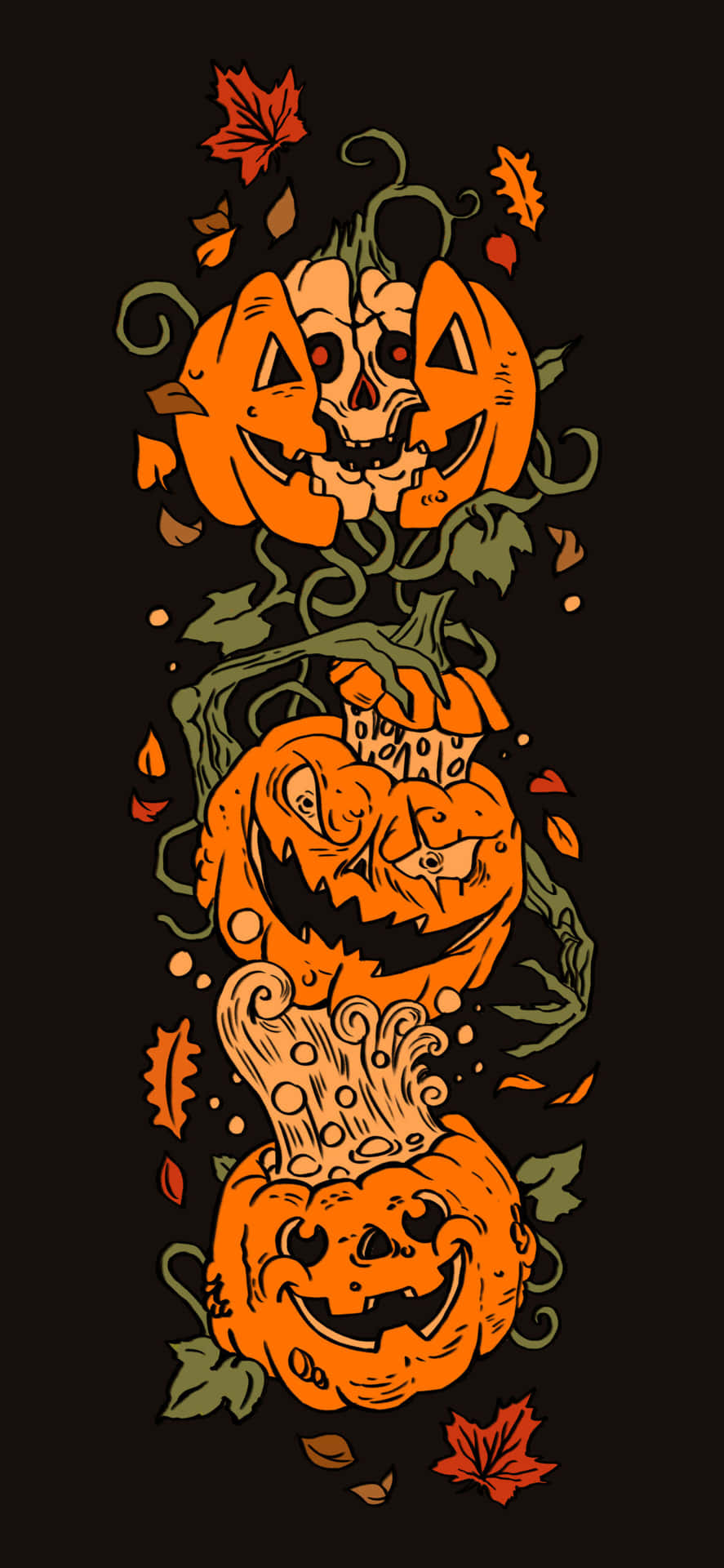 Halloween Pumpkin 桌布 壁紙 — 三個堆疊的萬聖節南瓜，帶有恐怖面孔和秋葉，背景為深色。