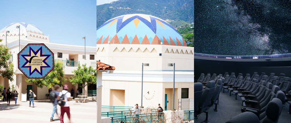Planetarium 桌布 壁紙 — 三個場景的拼貼畫：大學校園與學生、色彩繽紛的圓頂建築、天文館的星空。