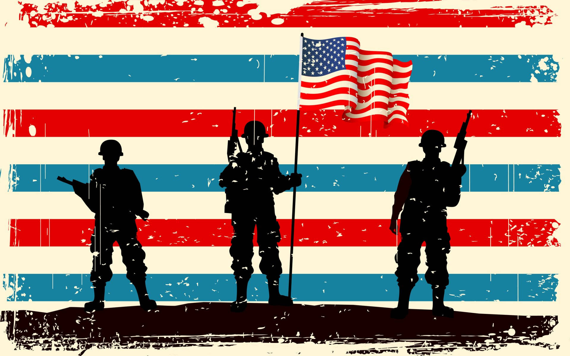 Veterans 桌布 壁紙 — 三個士兵剪影持步槍和美國國旗立正，背景為磨損的紅白藍條紋。