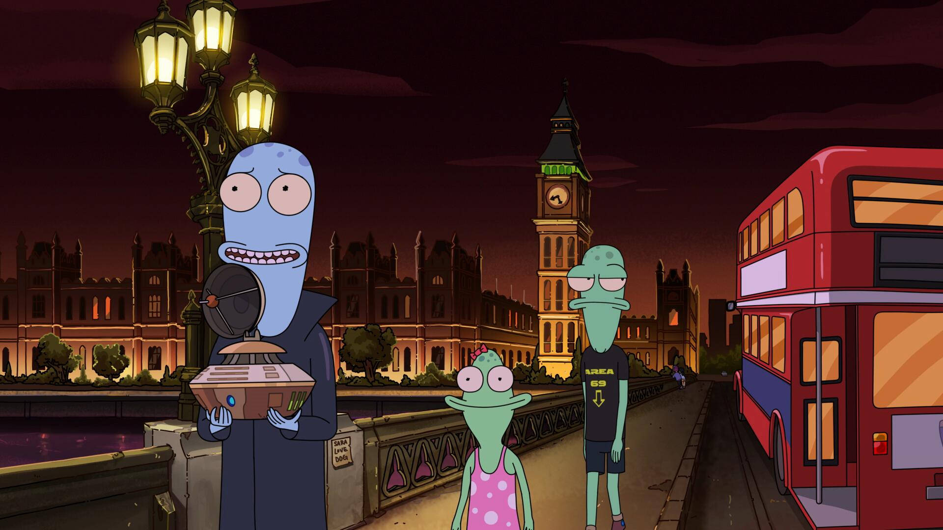 Animated 桌布 壁紙 — 三個外星人角色夜晚站在倫敦橋上，背景有大笨鐘和紅色雙層巴士。