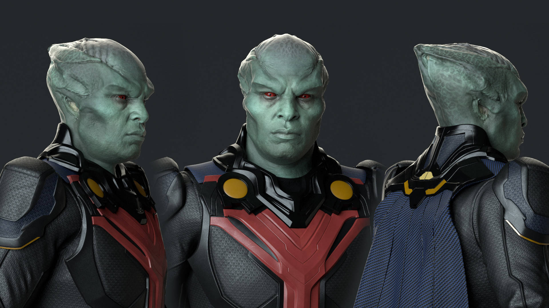 Martian Manhunter 桌布 壁紙 — 三個外星角色穿著未來裝甲，從正面、側面和背面展示在深色背景上。
