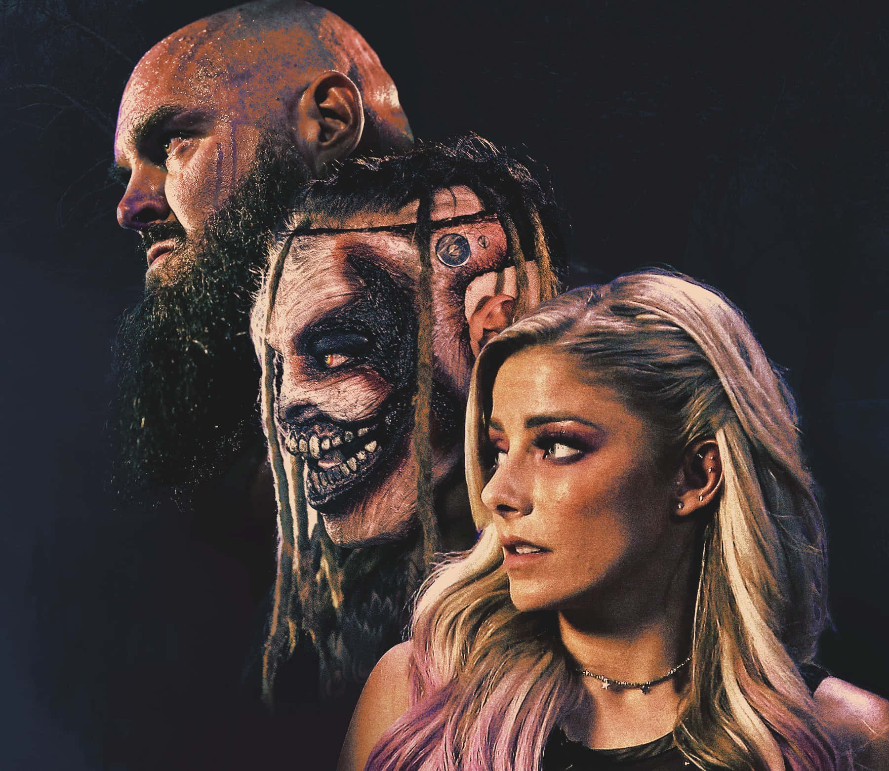 WWE 桌布 壁紙 — 三個外貌不同的人物站在陰影中的側面，一個有鬍子，一個有怪異的化妝，一個有粉紅色的頭髮。