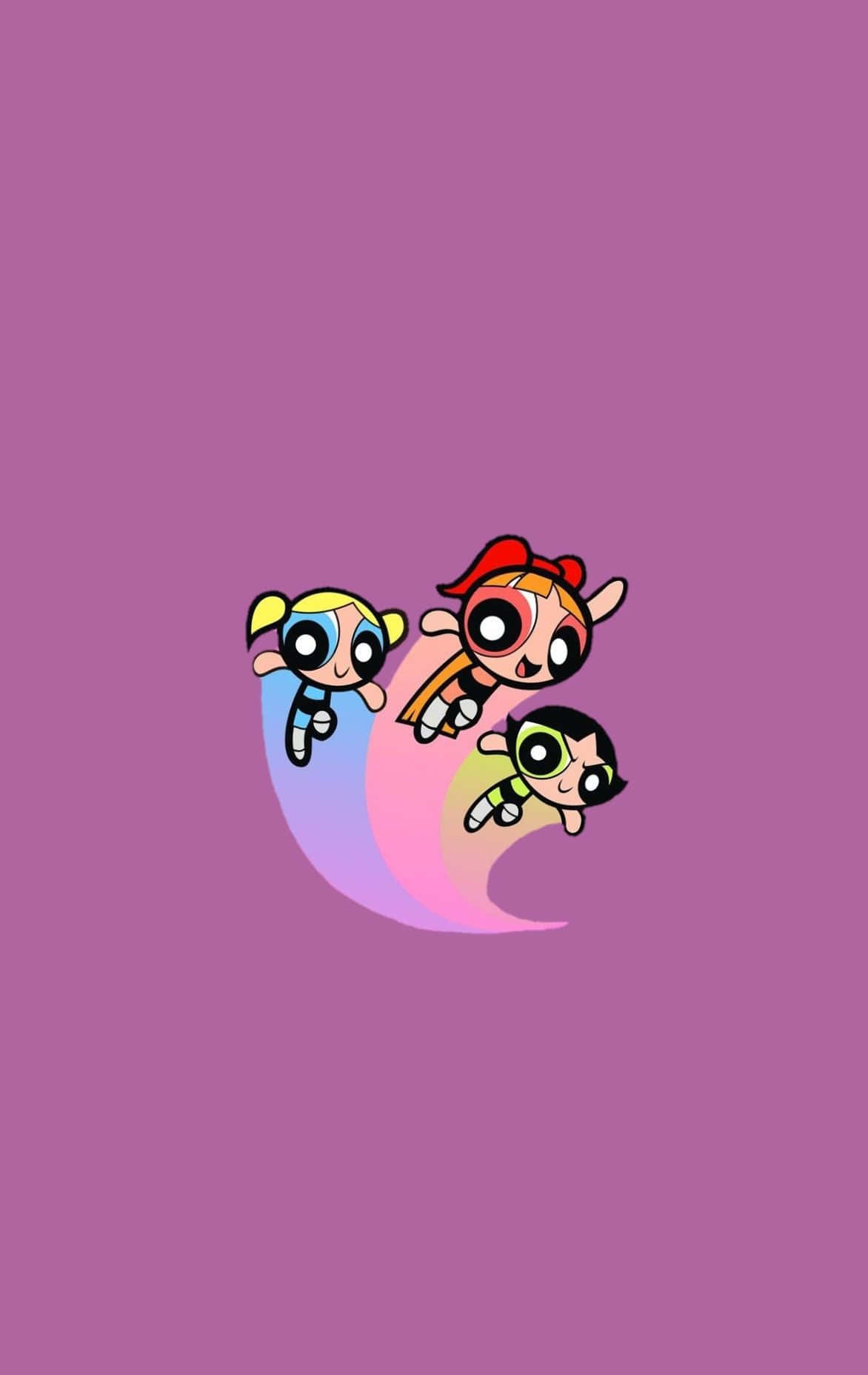Powerpuff Girls 桌布 壁紙 — 三個大眼卡通女孩在純紫色背景上飛出彩色弧線。