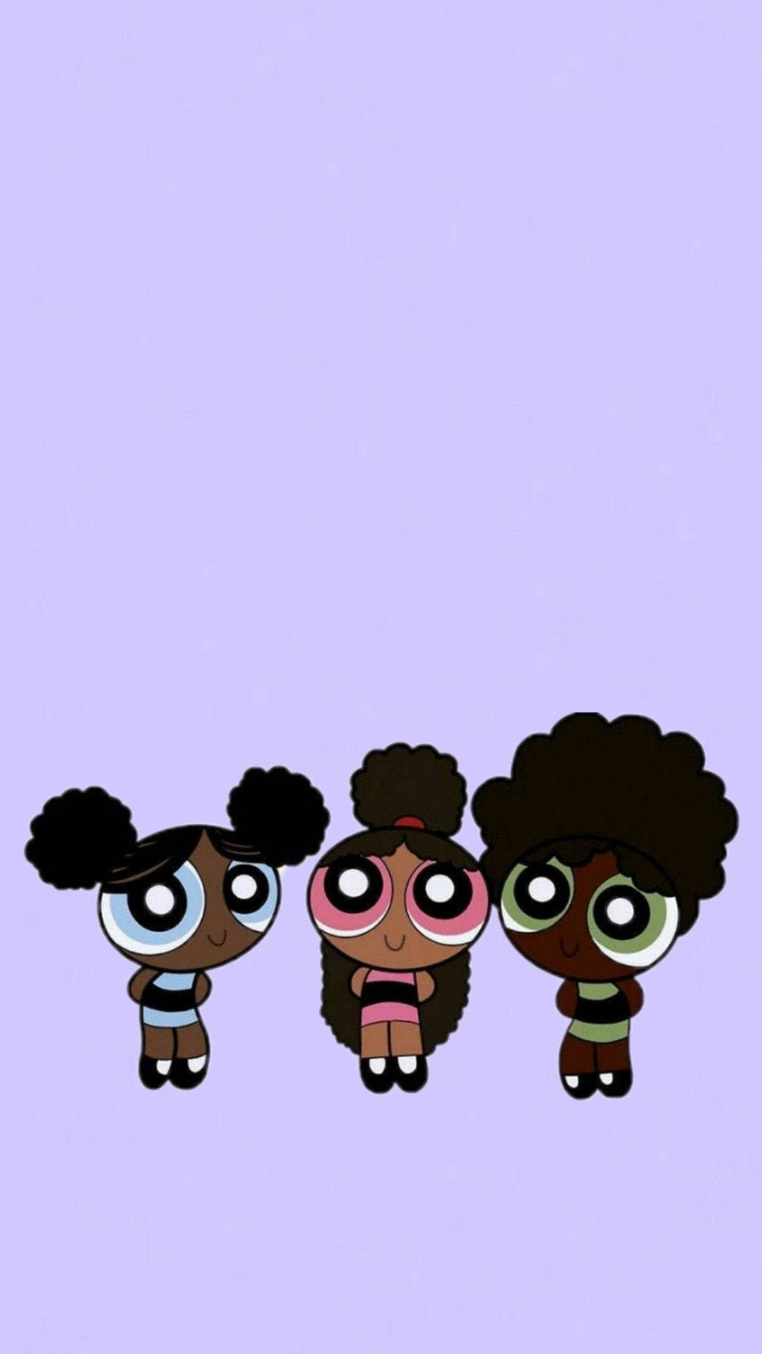 black powerpuff girl 桌布 壁紙 — 三個大眼爆炸頭卡通女孩站在純色薰衣草背景前。