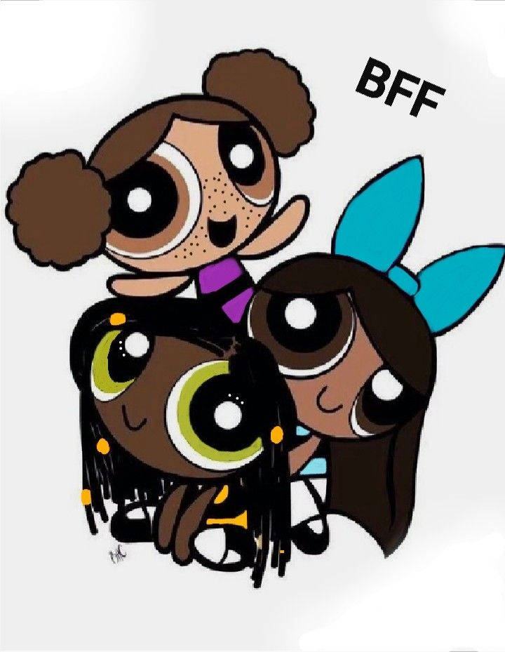 Powerpuff Girls 桌布 壁紙 — 三個大眼睛、彩色頭髮的卡通女孩緊緊擁抱，上面有「BFF」文字。