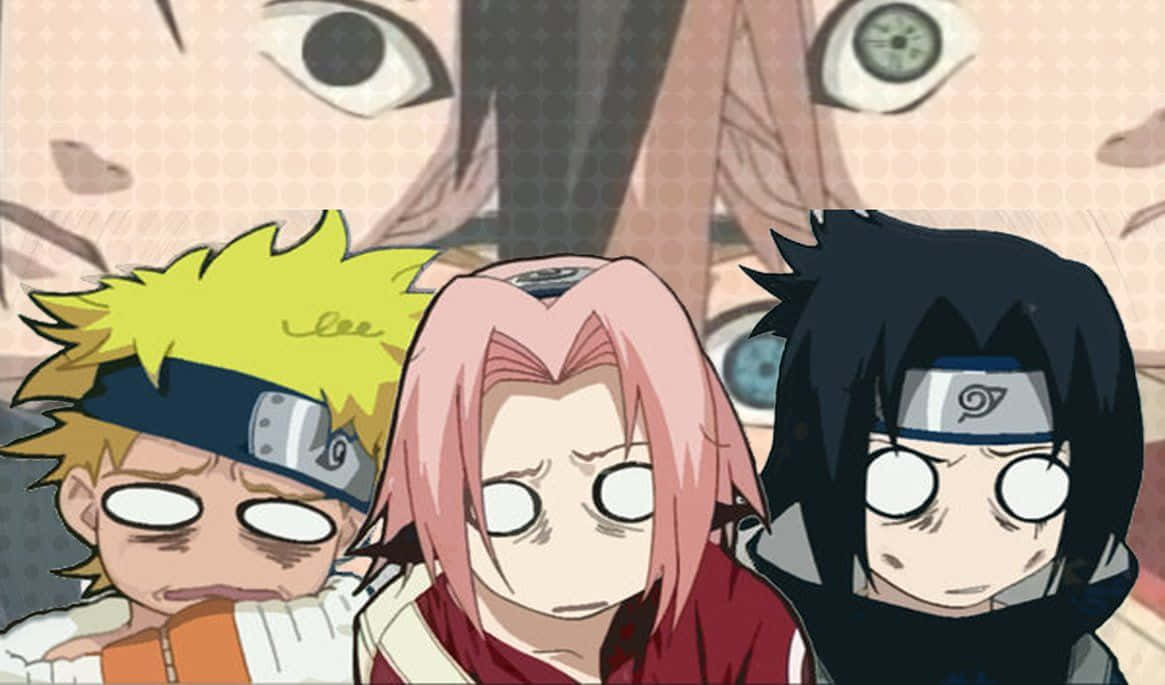 Team 7 Naruto 桌布 壁紙 — 三個大眼睛、戴頭帶的Q版動漫角色站在巨大眼睛的背景前。