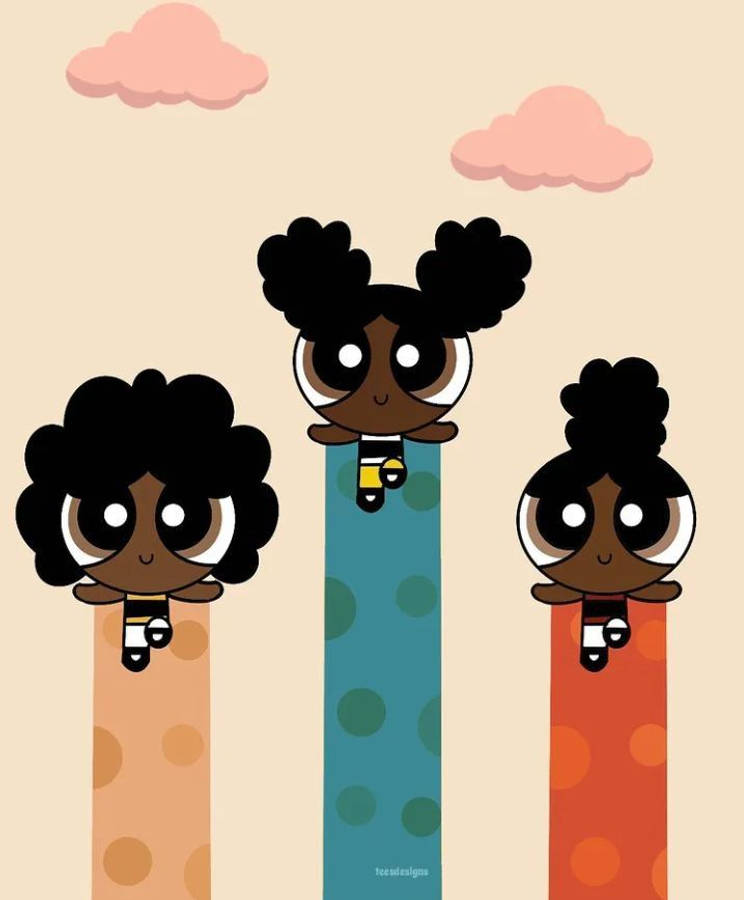 Powerpuff Girls 桌布 壁紙 — 三個大眼睛、爆炸頭的卡通女孩漂浮在彩色波點管上，背景是柔和的米色天空和粉紅色雲朵。