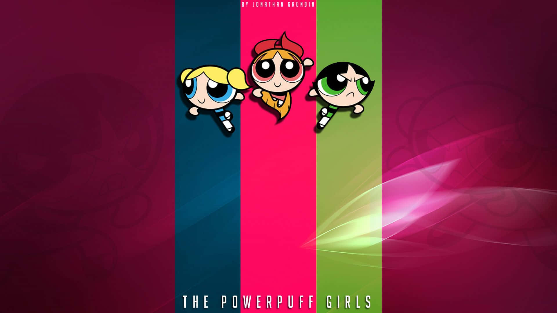 Powerpuff Girls Aesthetic 桌布 壁紙 — 三個大眼睛、髮色鮮明的卡通女孩在充滿活力的條紋背景前飛翔。