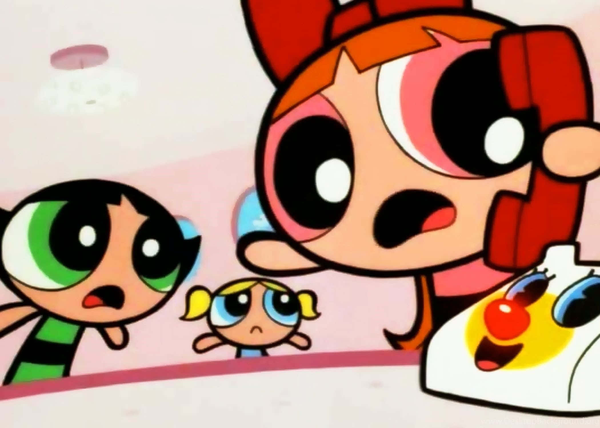 Powerpuff Girls Aesthetic 桌布 壁紙 — 三個大眼睛的卡通女孩對電話上說話的機器人感到驚訝。