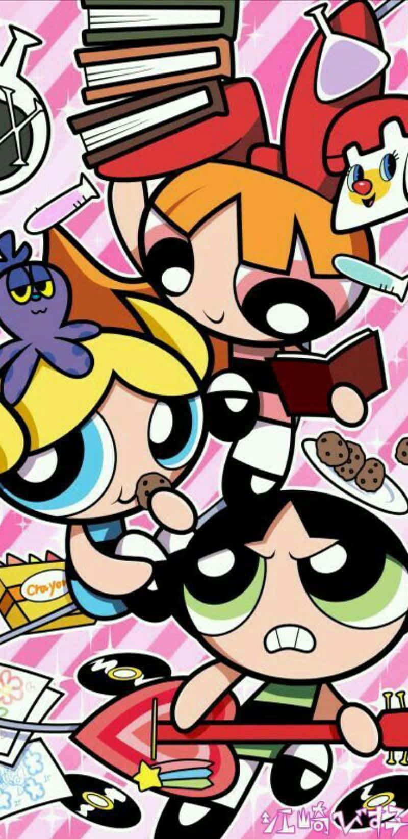 Powerpuff Girls 桌布 壁紙 — 三個大眼睛的卡通女孩被書籍、唱片和零食包圍，背景是粉紅色條紋。