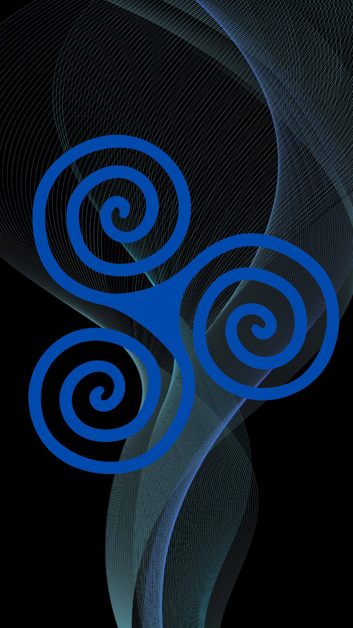 Blue Swirl 桌布 壁紙 — 三個大膽的藍色螺旋在黑色背景上漂浮，帶有流動的半透明網格線。