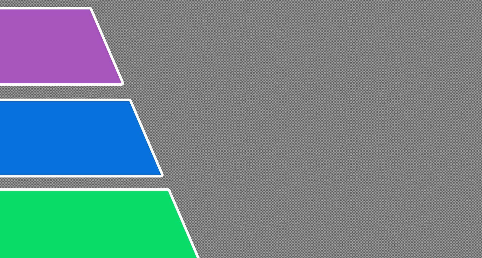 Geometric Shapes 桌布 壁紙 — 三個大膽色彩的梯形（紫色、藍色和綠色）在灰色棋盤格背景上沿對角線下降。