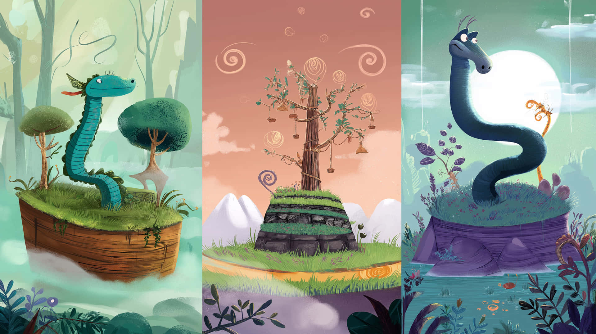 Enchanted Realms Triptych 壁紙 — 三個奇幻場景，有龍在船上、樹上及懸崖上，伴隨著漩渦狀天空和茂密植被。