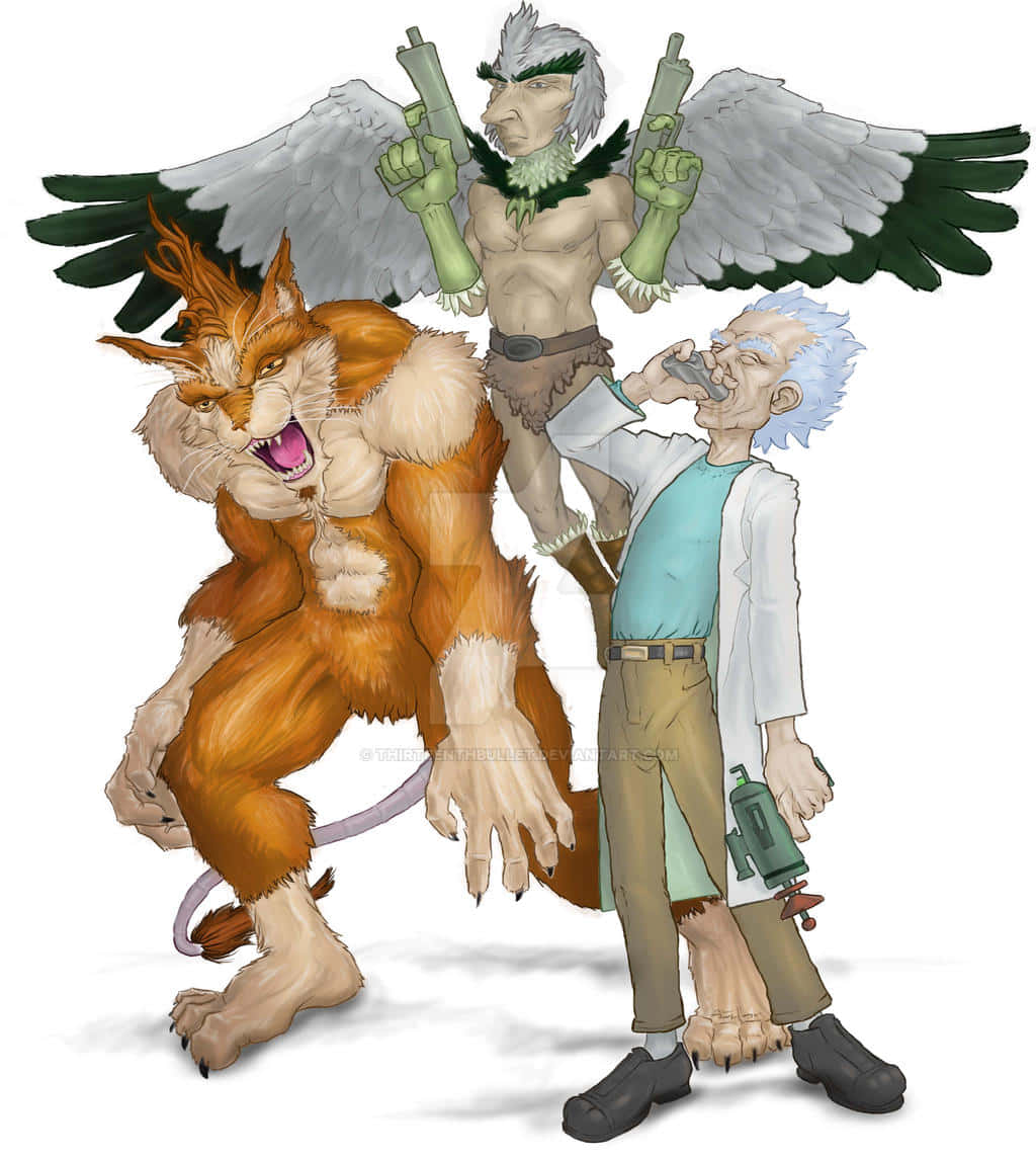 Birdperson 桌布 壁紙 — 三個奇幻生物站在一起：一隻咆哮的橙色貓科野獸、一個綠色皮膚持槍的有翼人形生物，以及一個喝著燒瓶的藍髮科學家。