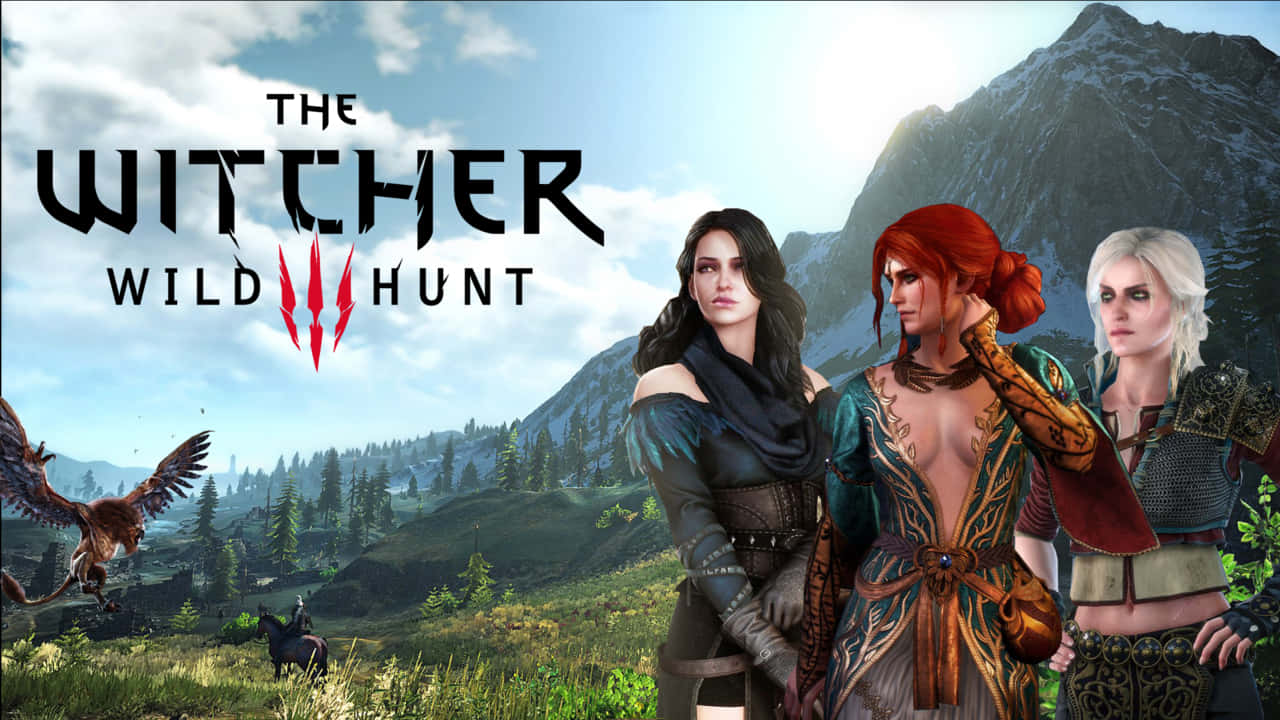 The Witcher 3 Wild Hunt 桌布 壁紙 — 三個奇幻角色站在山林中，一隻鷹在飛翔，遊戲標誌清晰可見。