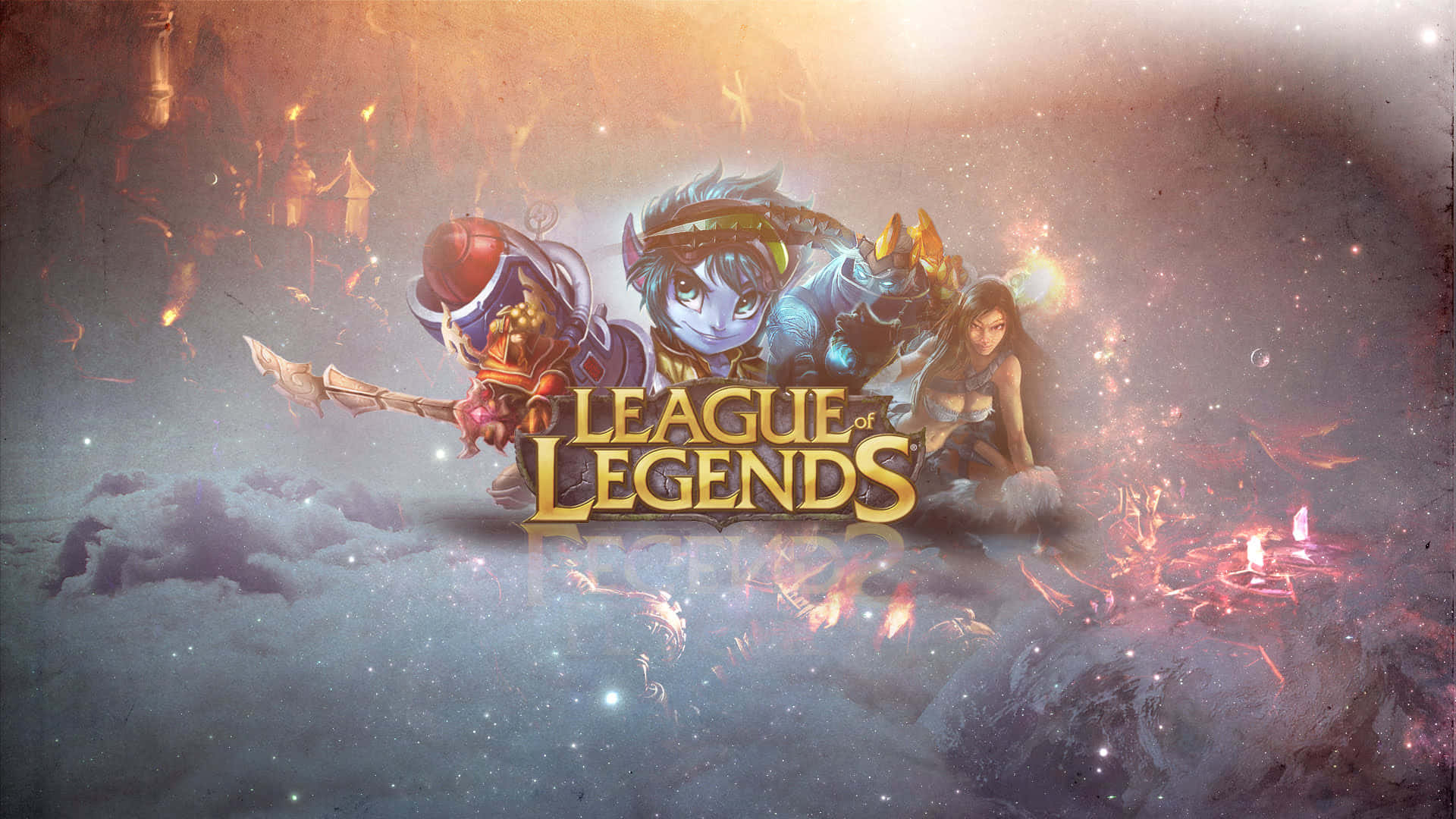 1920x1080 League Of Legends 桌布 壁紙 — 三個奇幻角色英勇地站在雲端之上，帶有發光標題文字，背景是宇宙。