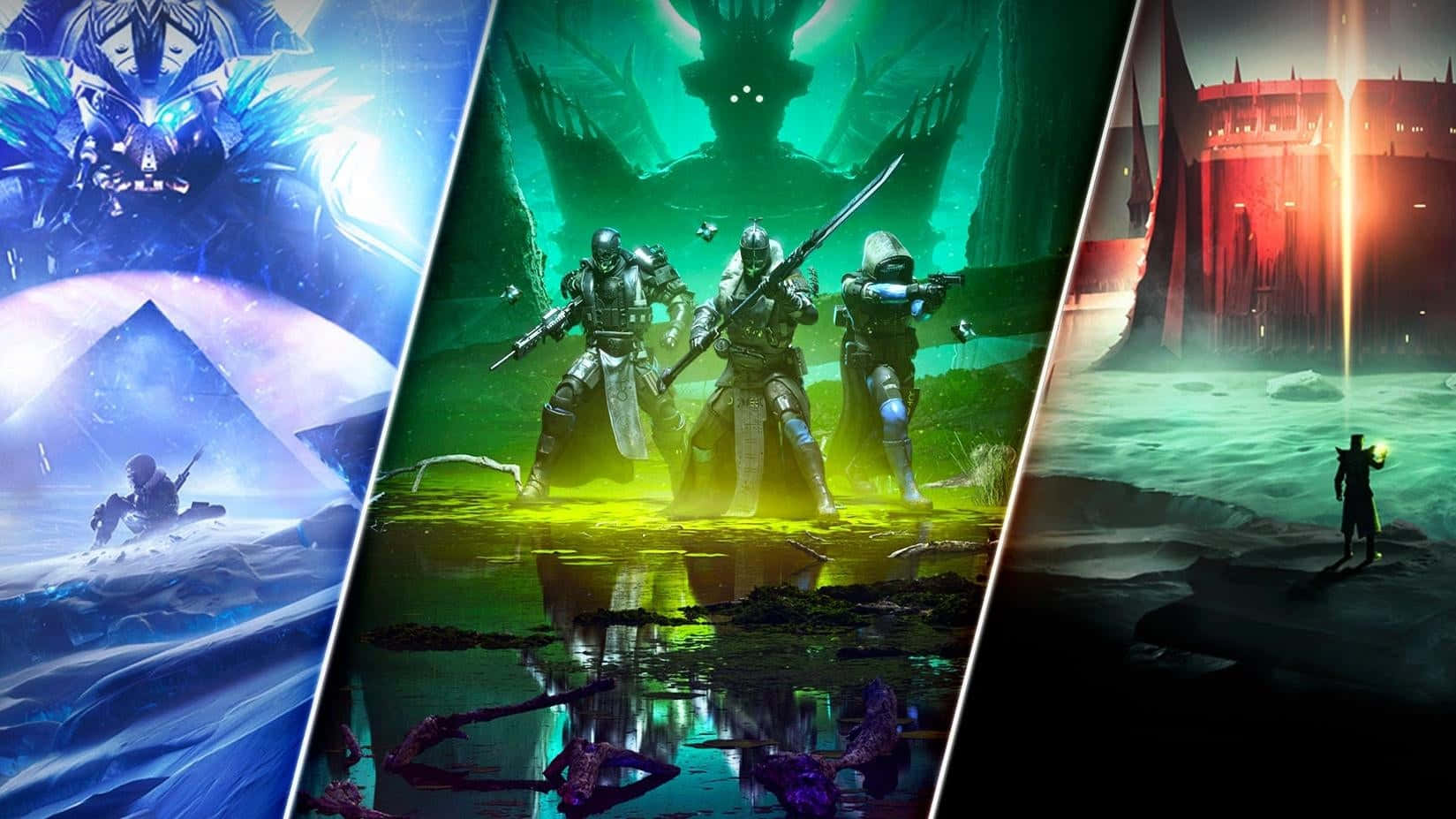 Best Destiny 2 桌布 壁紙 — 三個奇幻遊戲場景：冰中戰士、發光沼澤中的裝甲英雄、發光廢墟前的孤獨身影。