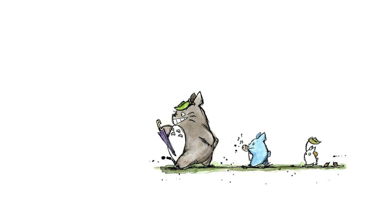 my neighbor totoro 桌布 壁紙 — 三個奇特的龍貓角色在純白天空下，走過一片極簡的綠色地塊。