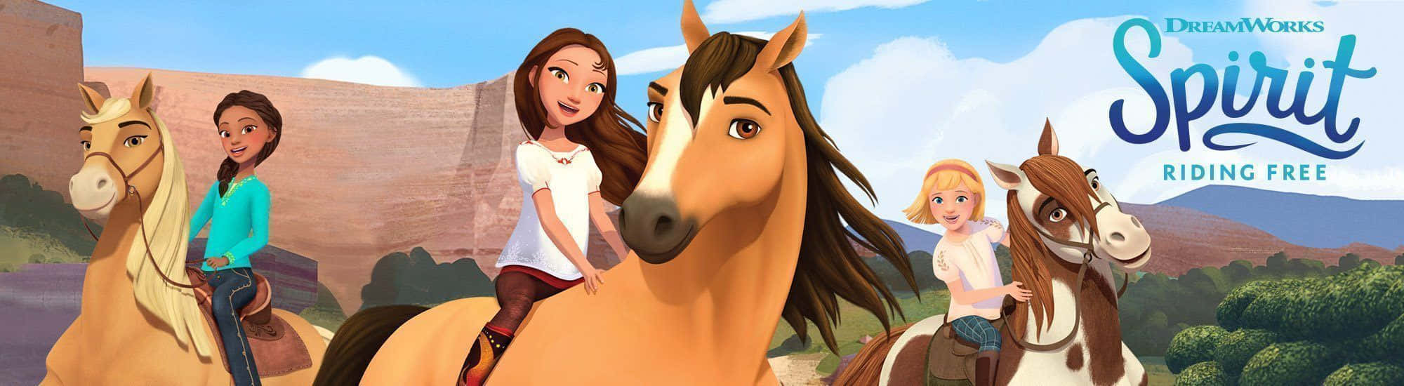 Animated 桌布 壁紙 — 三個女孩騎著活潑的馬匹，在陽光明媚的沙漠峽谷中奔馳，頭頂是明亮的藍天。