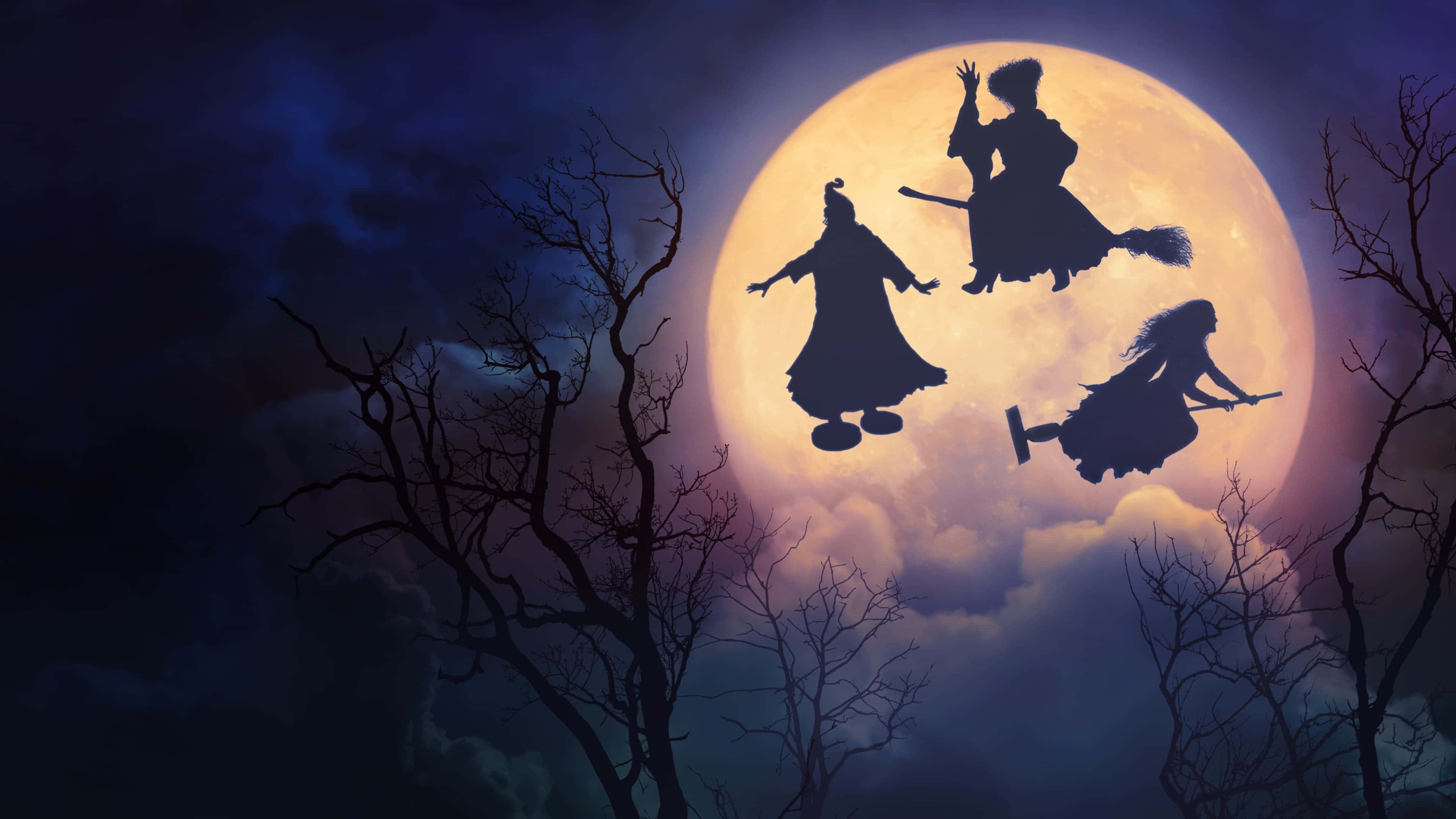 Hocus Pocus 桌布 壁紙 — 三個女巫剪影騎著掃帚在黑暗夜空中飛翔，背景是發光的滿月，周圍環繞著光禿禿的樹木。