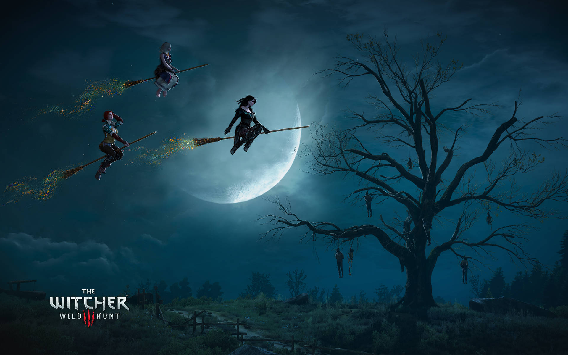 The Witcher 3 桌布 壁紙 — 三個女巫騎著掃帚飛過新月，越過一棵掛著人物的鬼樹，在深藍色的夜空下。