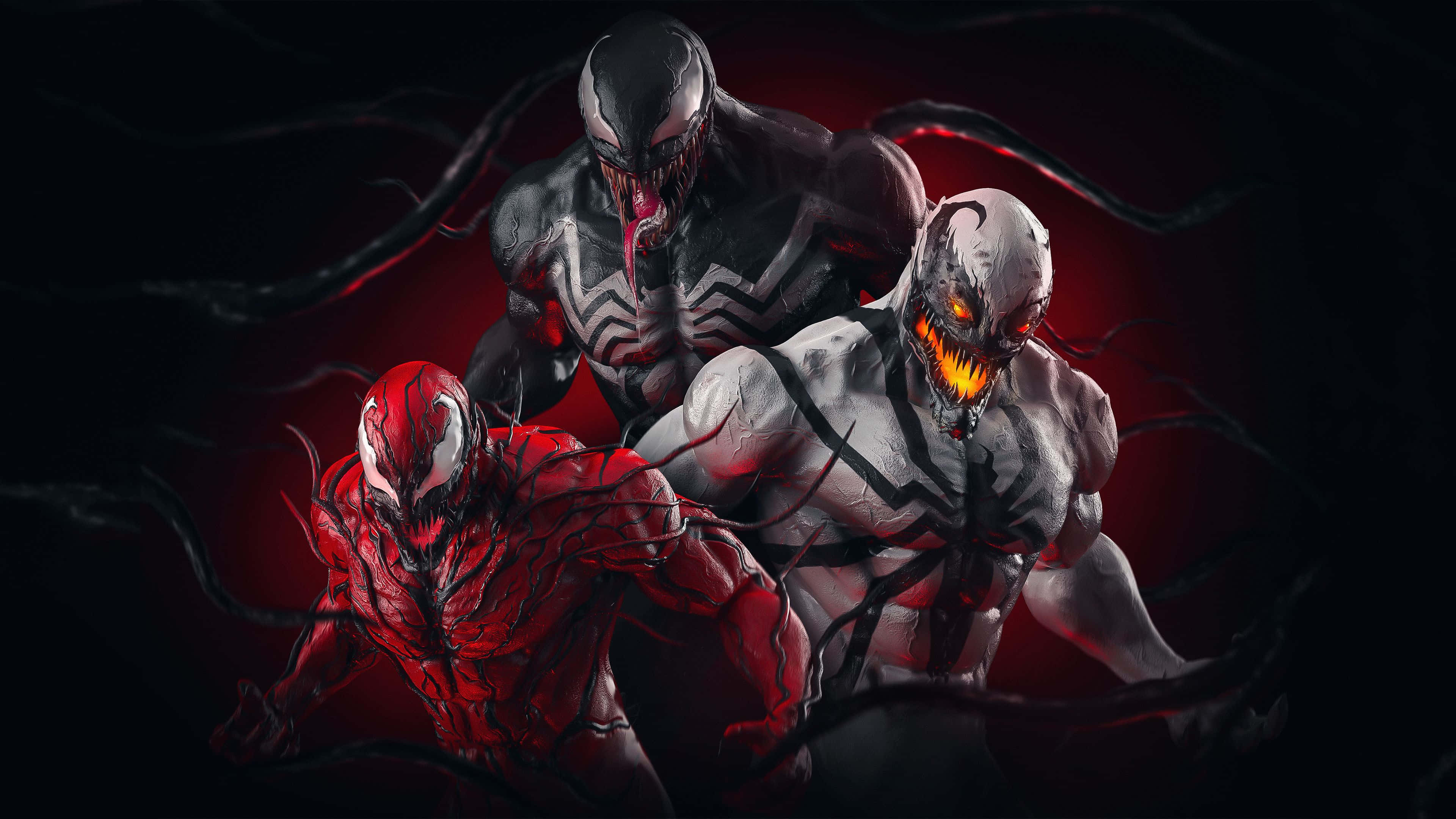 屠殺 桌布 壁紙 — 三個威脅性的共生體角色 Venom、Carnage 和另一個變體蹲伏在一個暗紅色燈光的場景中，黑色觸手在他們周圍盤旋。