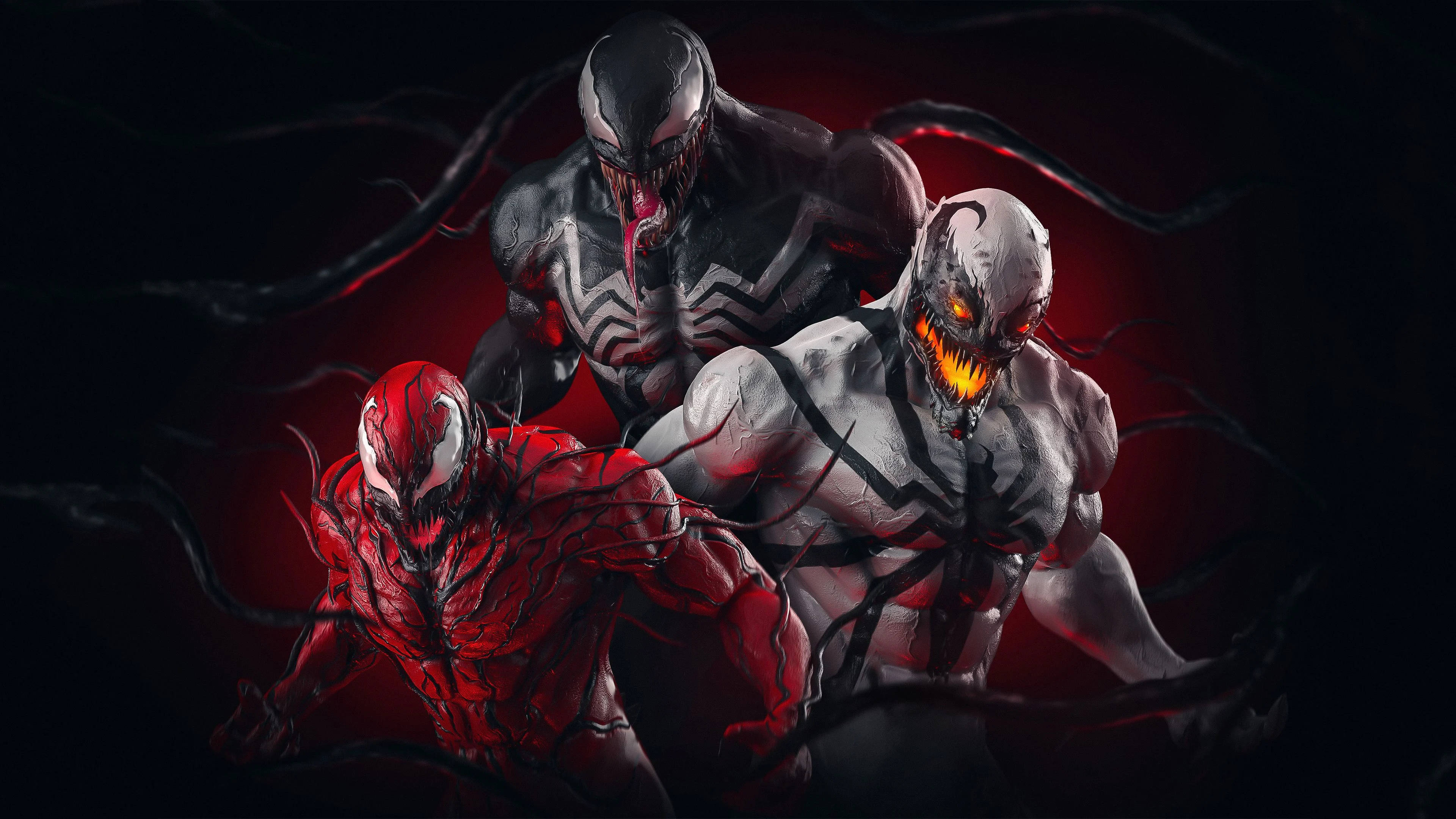Carnage 桌布 壁紙 — 三個威脅性的共生體角色：猛毒、屠殺和另一個紅色共生體，在暗紅色發光背景前擺出侵略性姿勢。