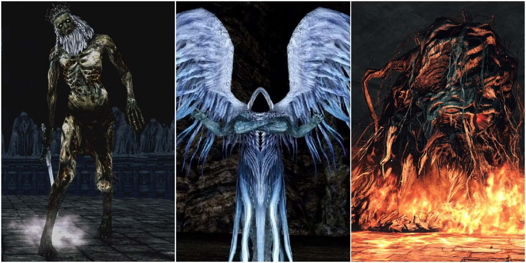 Dark Souls Bosses 桌布 壁紙 — 三個威脅性的奇幻首領站在黑暗、火焰和冰凍的環境中，擁有發光的眼睛和怪誕的形態。