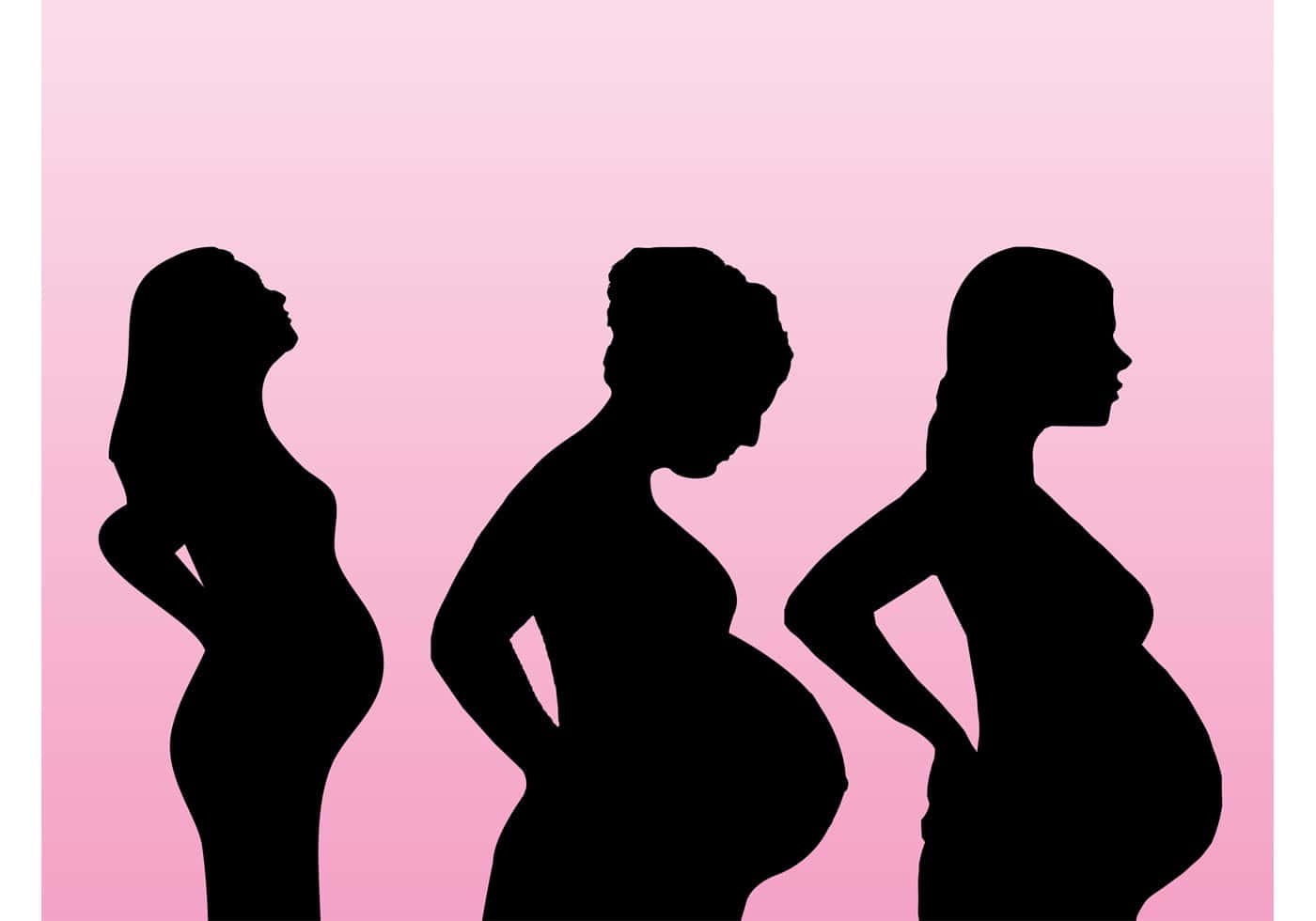 Pregnant 桌布 壁紙 — 三個孕婦剪影側面站立在柔和的粉紅色漸變背景上。
