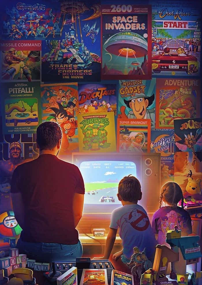 nostalgic 桌布 壁紙 — 三個孩子和一個成年人正在觀看一部CRT電視上的復古電子遊戲，周圍環繞著復古街機和卡通海報。