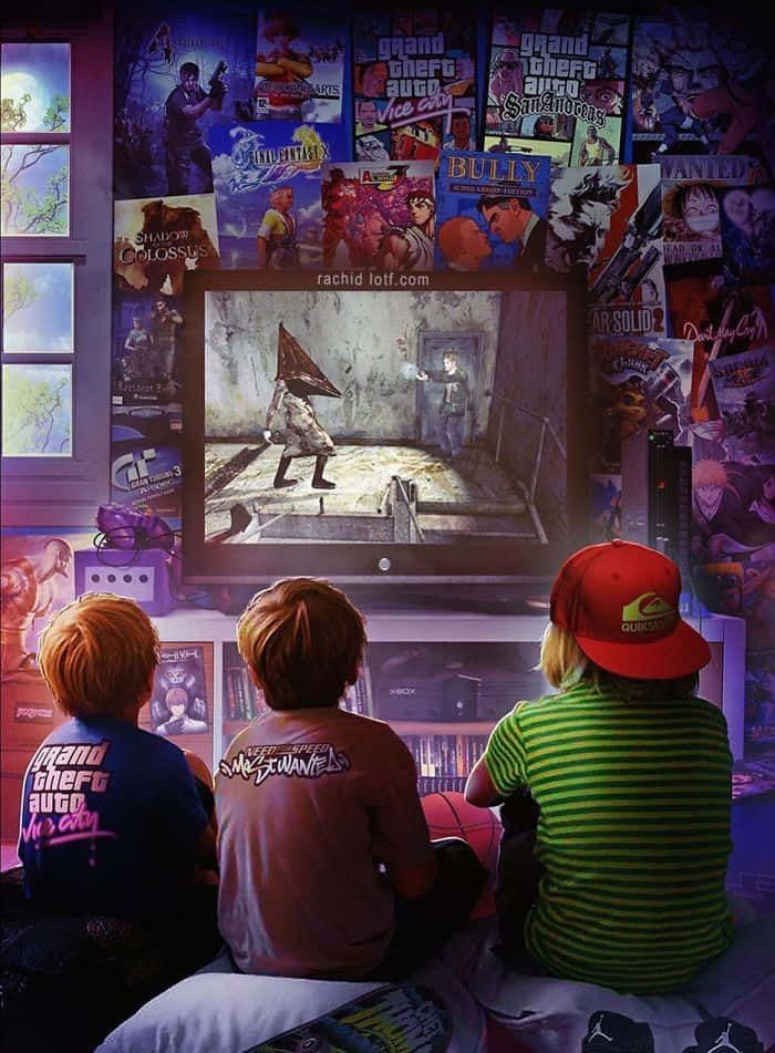 Gaming Art 桌布 壁紙 — 三個孩子在遊戲室內看電視上的恐怖遊戲，周圍貼滿了電玩海報。
