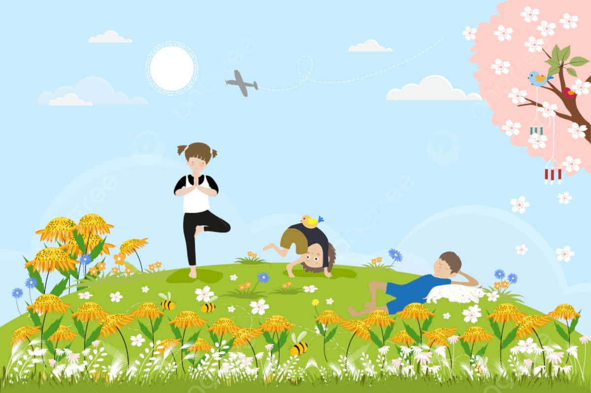 Cartoon Park 桌布 壁紙 — 三個孩子在陽光明媚的草地上快樂地玩耍，草地上開滿了黃色花朵和一棵櫻花樹，頭頂是明亮的藍天。
