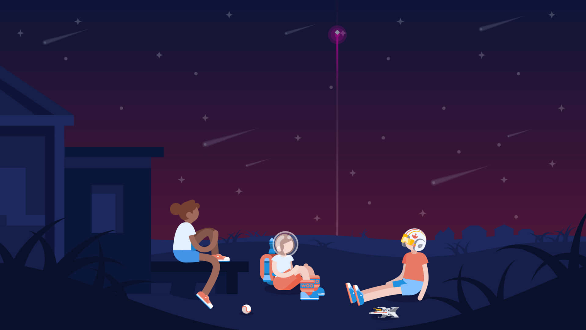 Animated 桌布 壁紙 — 三個孩子坐在戶外星空下，觀看流星和一顆發光的紫色彗星從頭頂掠過。