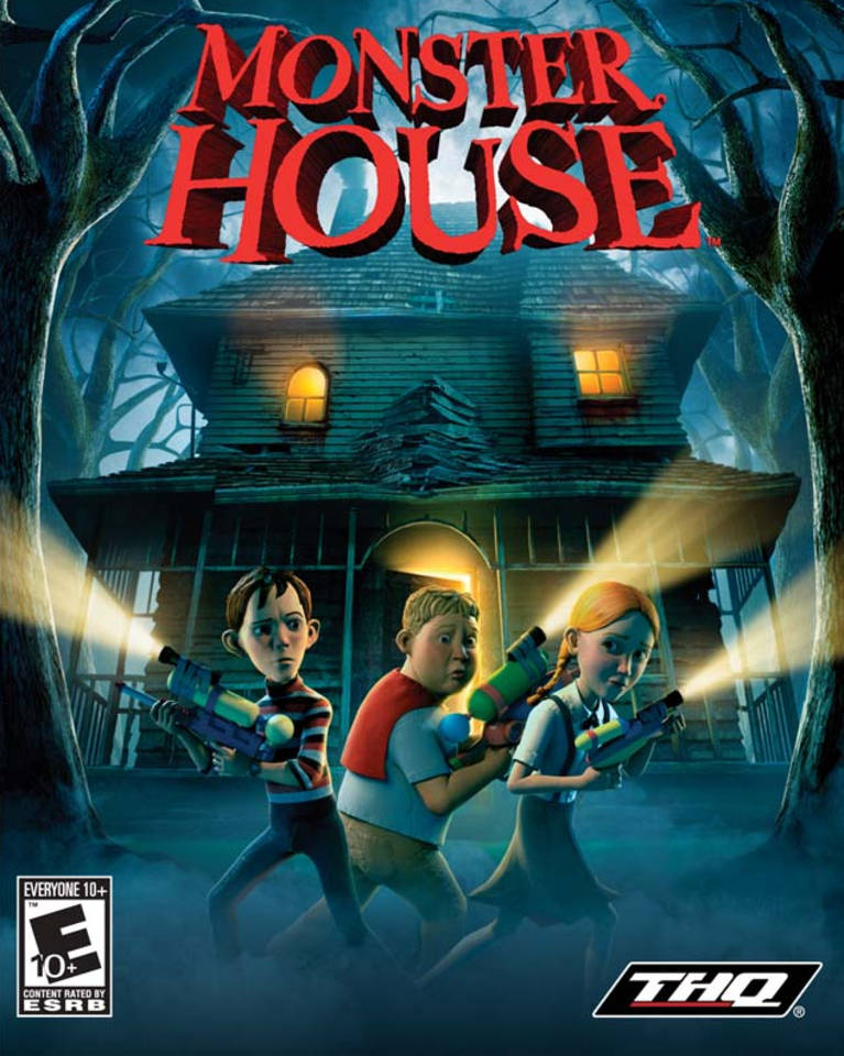 Monster House 桌布 壁紙 — 三個孩子拿著發光的玩具槍，在夜晚黑暗陰森的森林下，朝一間詭異的鬼屋跑去。