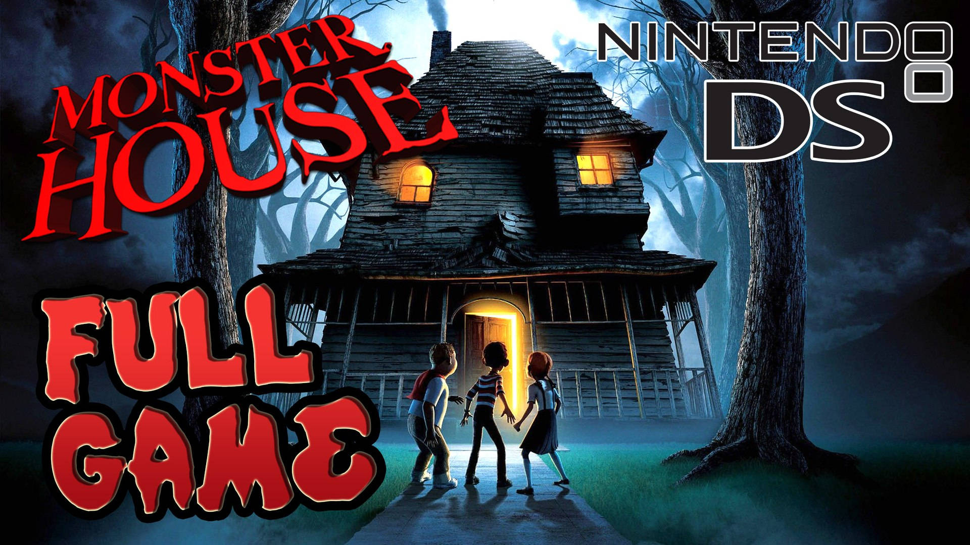 Monster House 桌布 壁紙 — 三個孩子站在一個陰森鬼屋前，窗戶發光，背景是黑暗的月光天空。