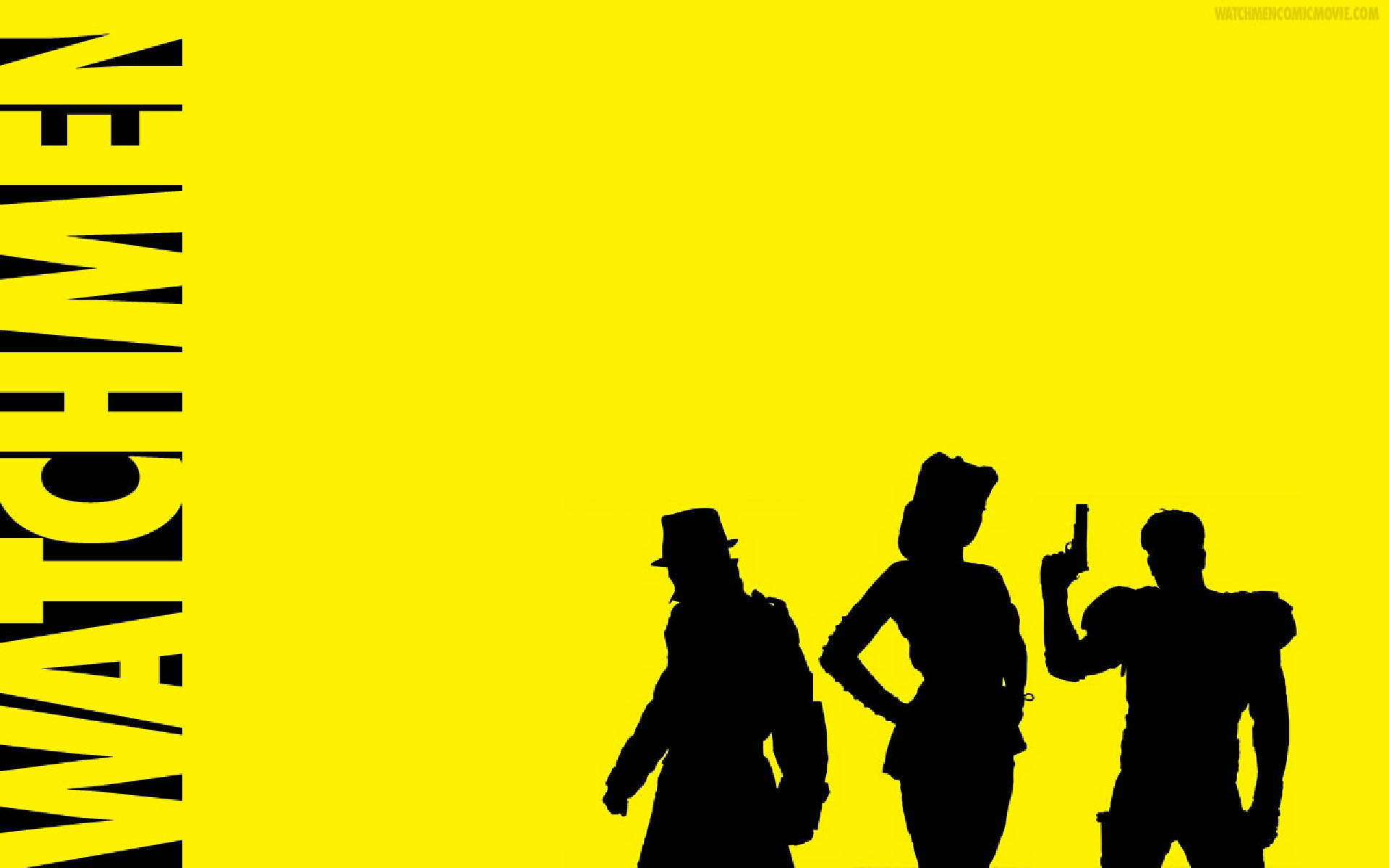 Watchmen 桌布 壁紙 — 三個守望者角色的醒目黑色剪影站在鮮黃色背景上，標題垂直對齊。