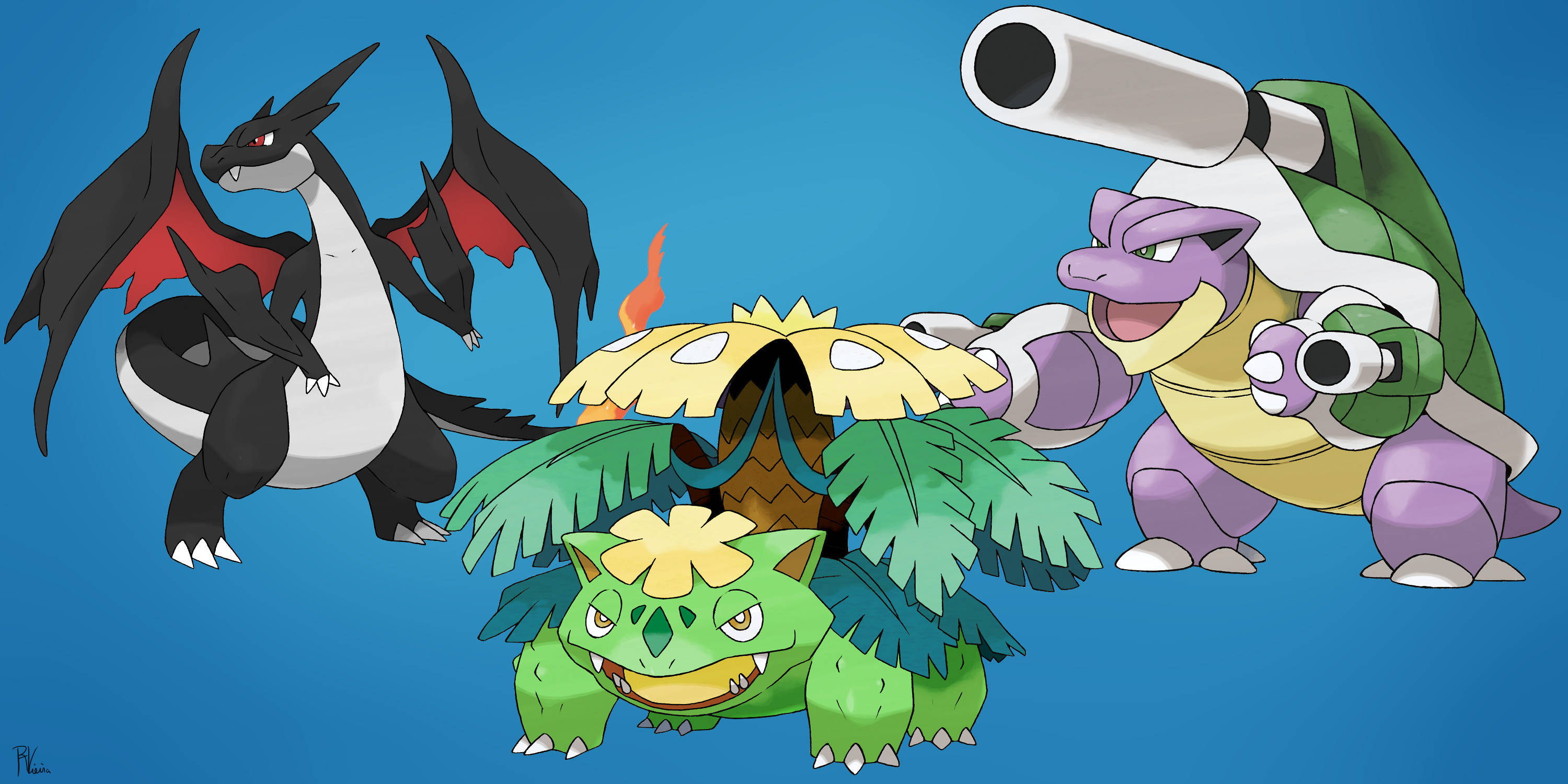 Blastoise 桌布 壁紙 — 三個寶可夢角色在純藍色背景上以粗線條和鮮豔色彩動態擺姿勢。