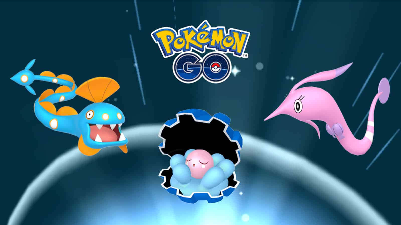 Gorebyss 桌布 壁紙 — 三個寶可夢角色漂浮在宇宙場景中，Pokémon GO 標誌在它們上方發光。