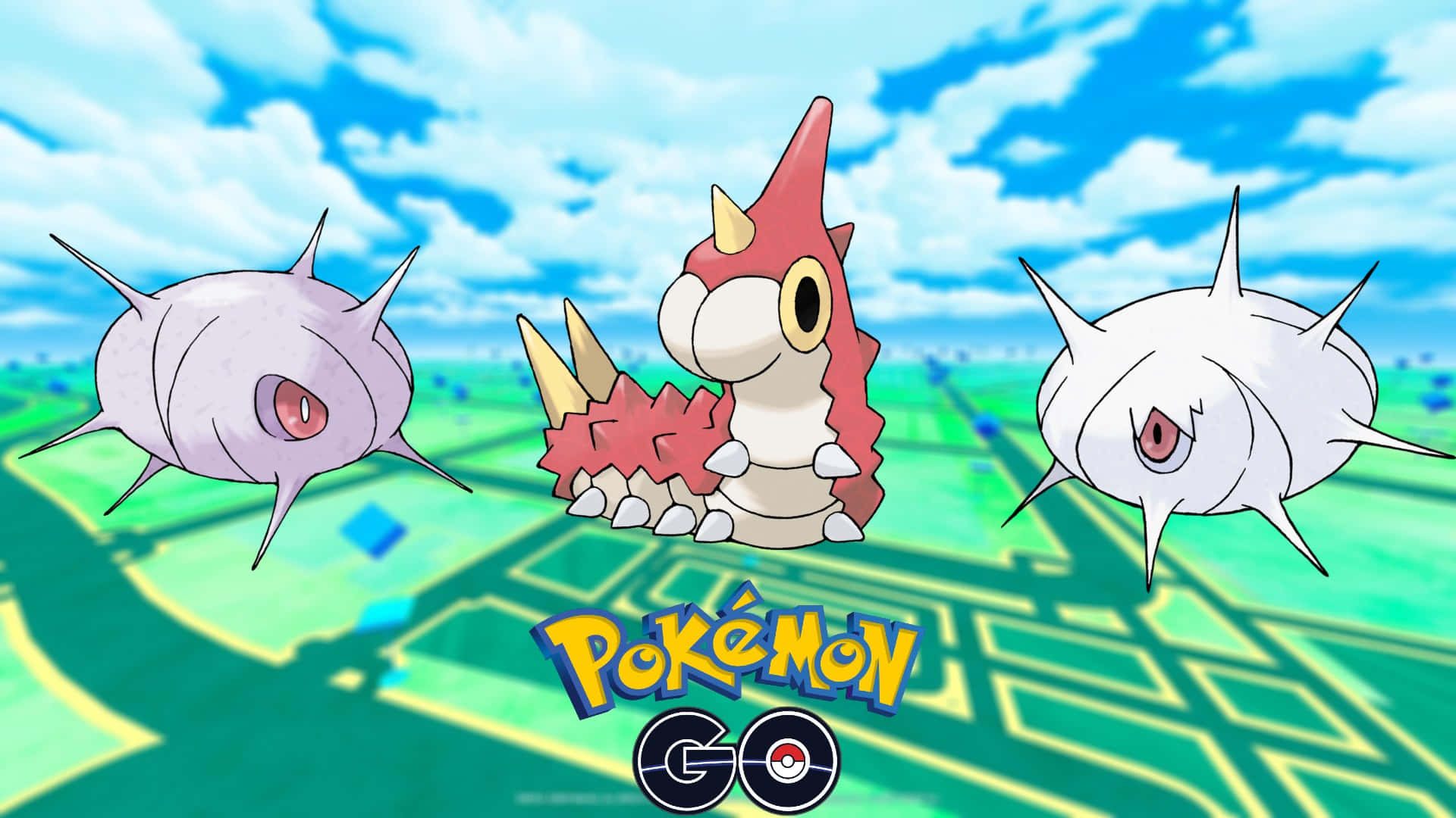 動漫 桌布 壁紙 — 三個寶可夢角色漂浮在綠色地圖上方，背景為藍天和Pokémon GO標誌。