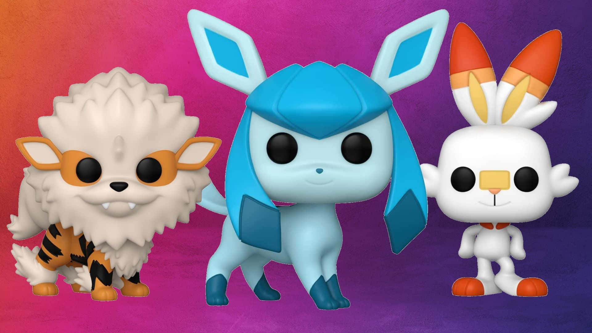Pokemon Figures 桌布 壁紙 — 三個寶可夢角色的Funko Pop人偶站在充滿活力的漸變背景前。