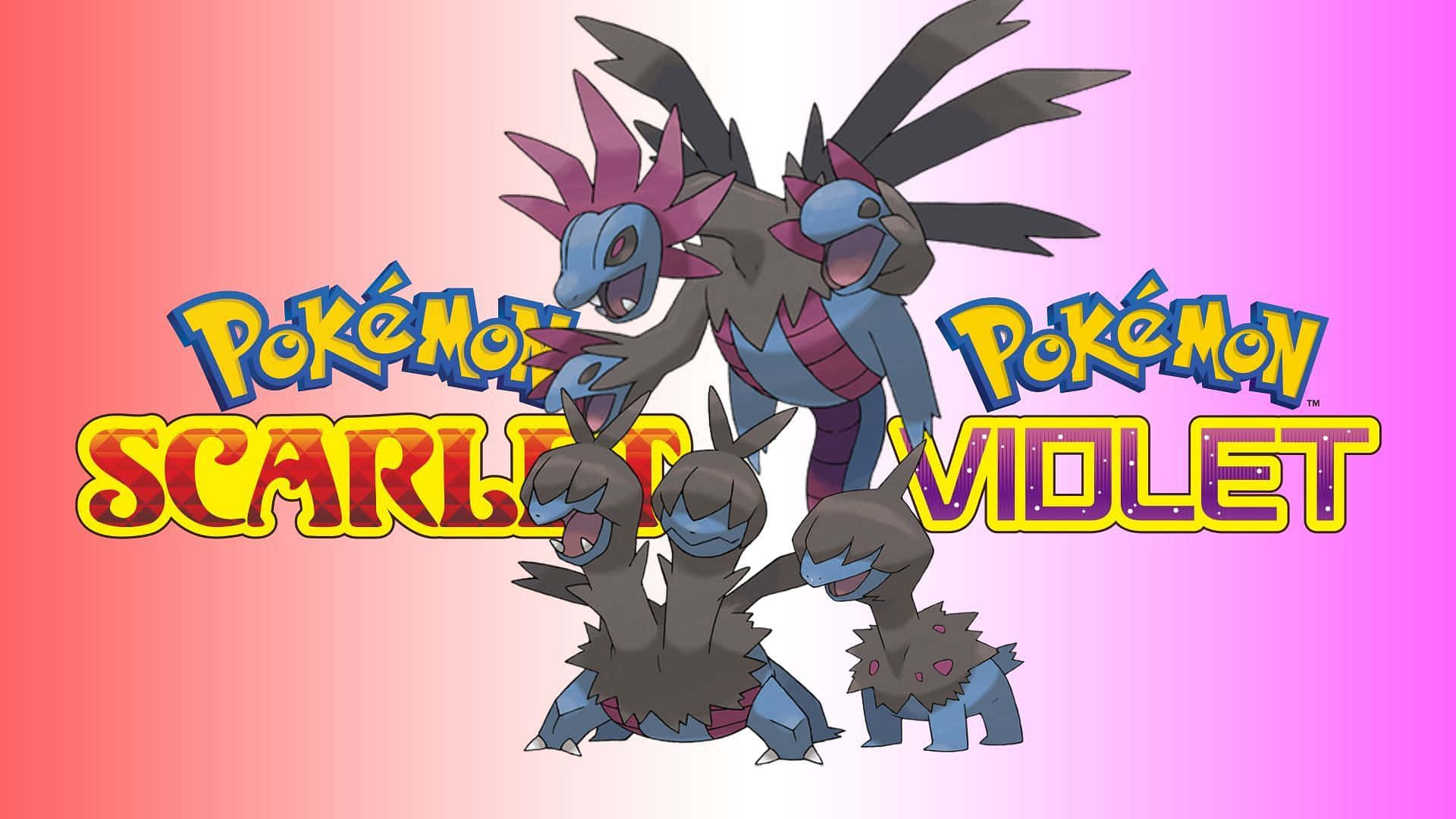 寶可夢 桌布 壁紙 — 三個寶可夢角色站在粗體「Pokémon Scarlet Violet」文字前，背景為粉紅到橙色的漸變色。
