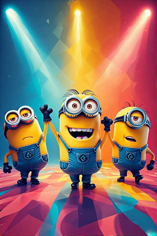 Minions Disco Wallpaper with Neon Lights and Geometric Patterns 壁紙 — 三個小小兵在色彩繽紛的舞台燈光下，在充滿活力的幾何地板上跳舞。