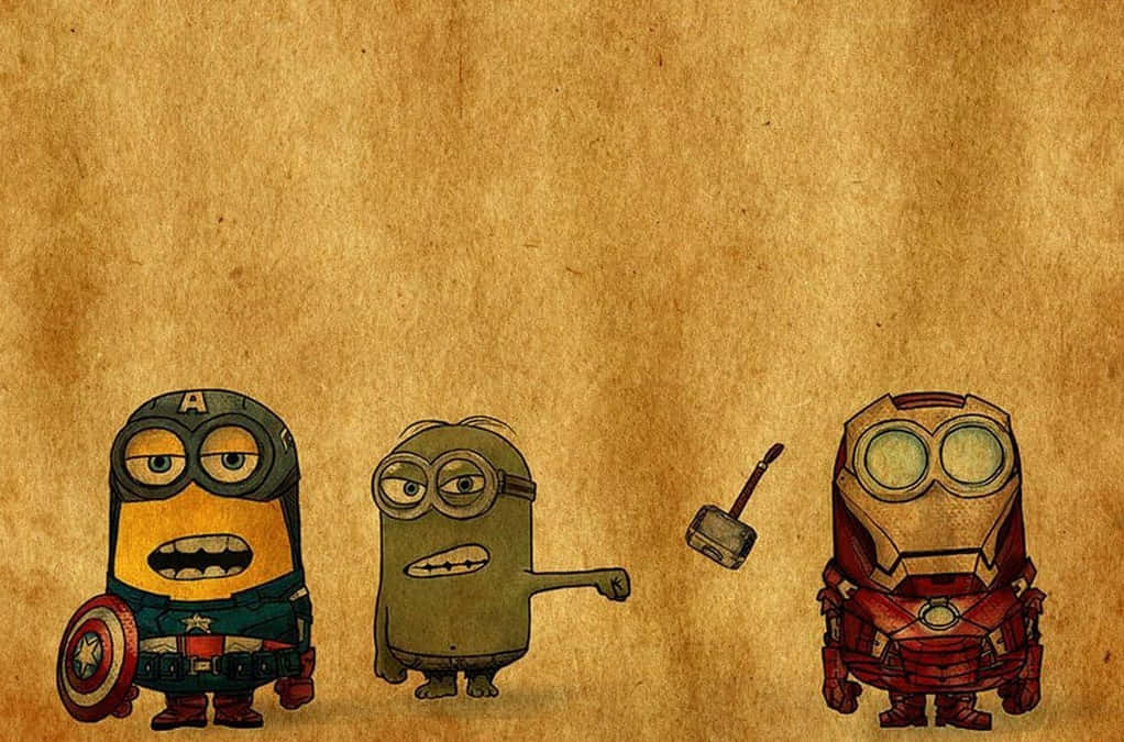 All Cartoon Characters 桌布 壁紙 — 三個小小兵打扮成美國隊長、索爾和鋼鐵人，站在陳舊的羊皮紙上，表情豐富，道具經典。