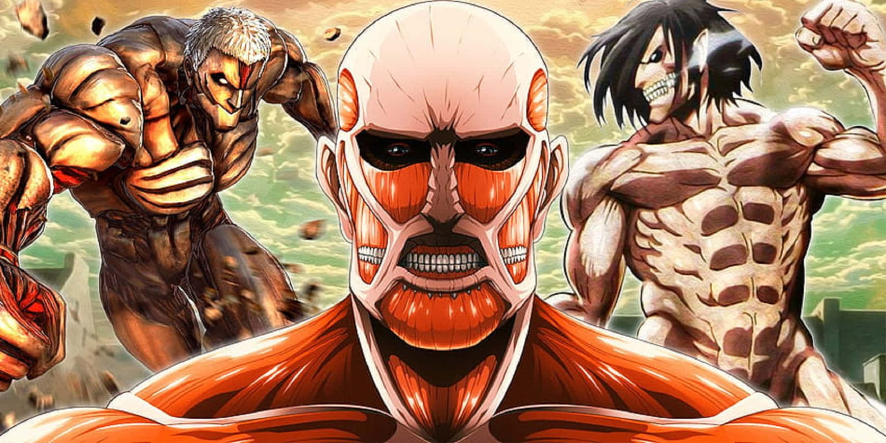 Titan Shifters 桌布 壁紙 — 三個巨大的人形泰坦，肌肉外露，表情兇猛，站在一個戲劇性的動漫戰鬥場景中。
