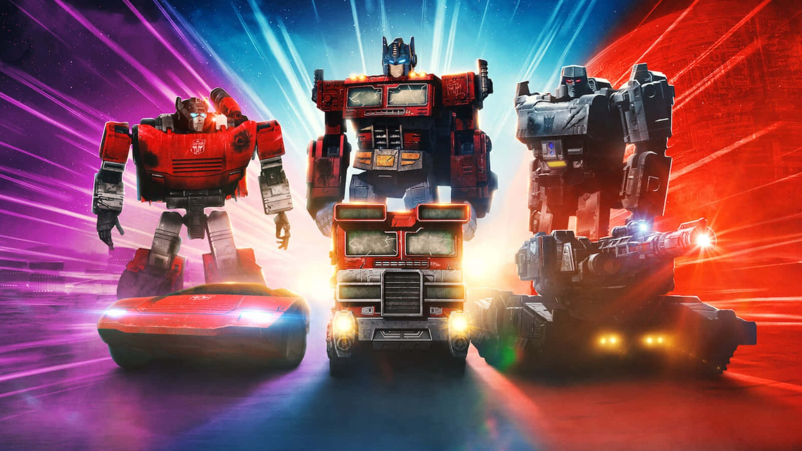 變形金剛 桌布 壁紙 — 三個巨大的變形金剛機器人英雄般地站在充滿活力的宇宙背景前，伴隨著發光的能量光束。