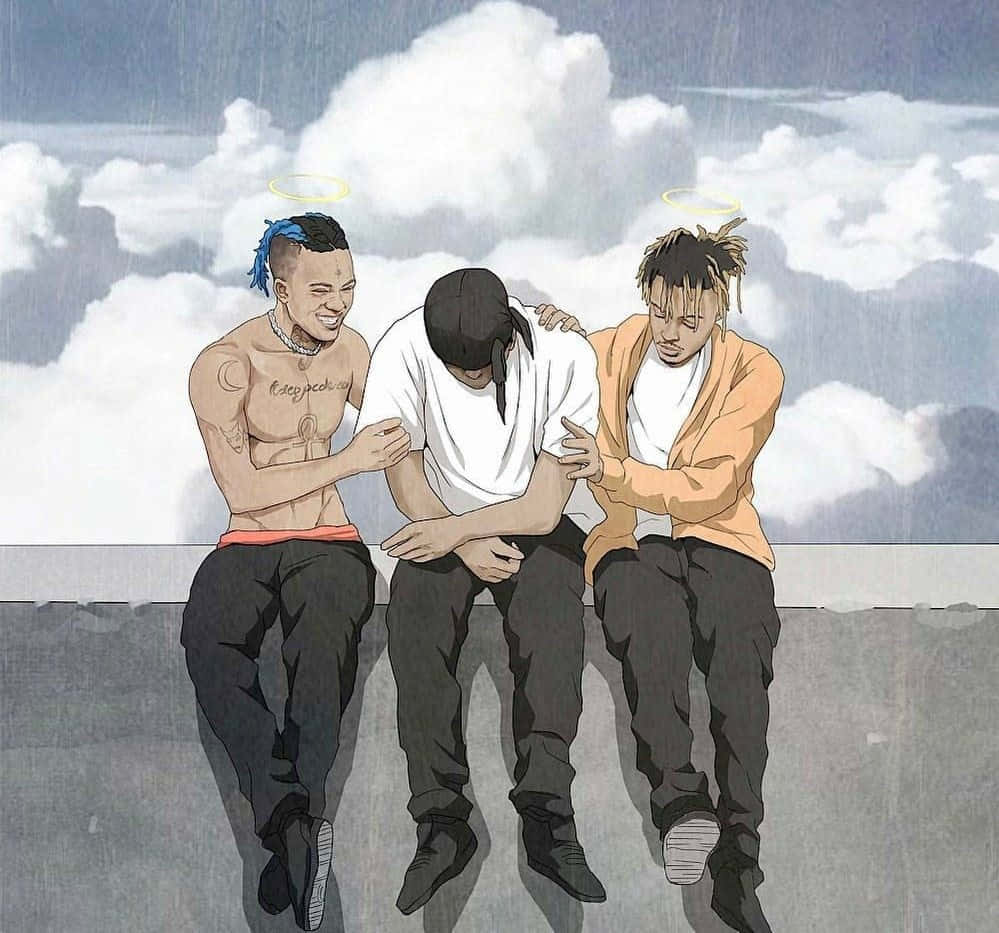 三個帶光環的男子在雨中的窗台上互相安慰。 — Juice Wrld 壁紙