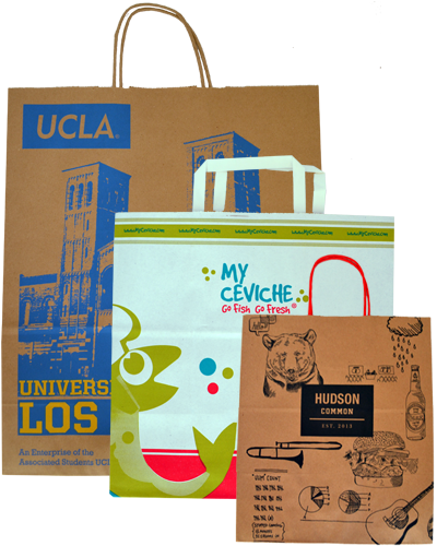 購物 桌布 壁紙 — 三個帶有UCLA、My Ceviche和Hudson Common標誌的品牌購物袋，展示在純色背景上。