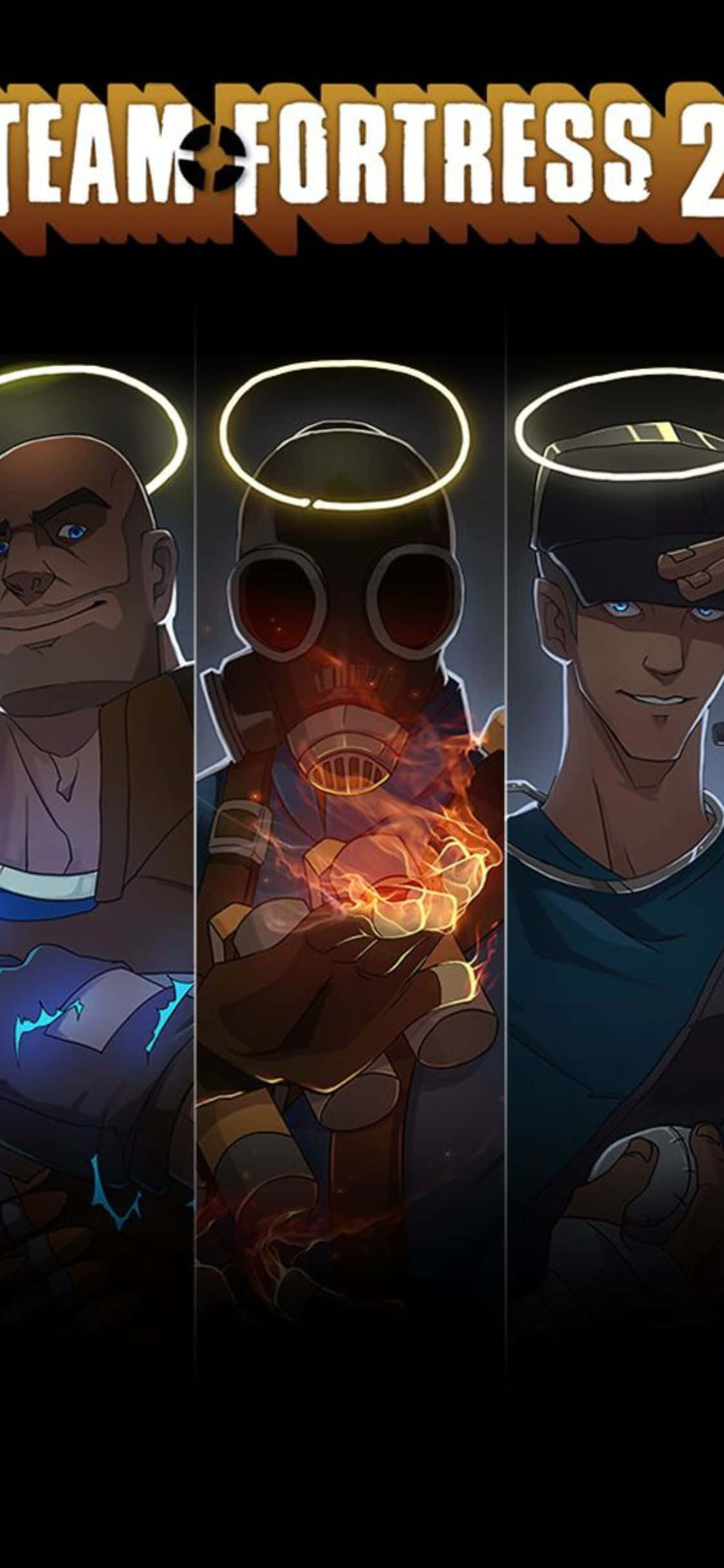 電玩遊戲 桌布 壁紙 — 三個帶有光環的 Team Fortress 2 角色在黑暗背景下散發出火焰和電能的光芒。