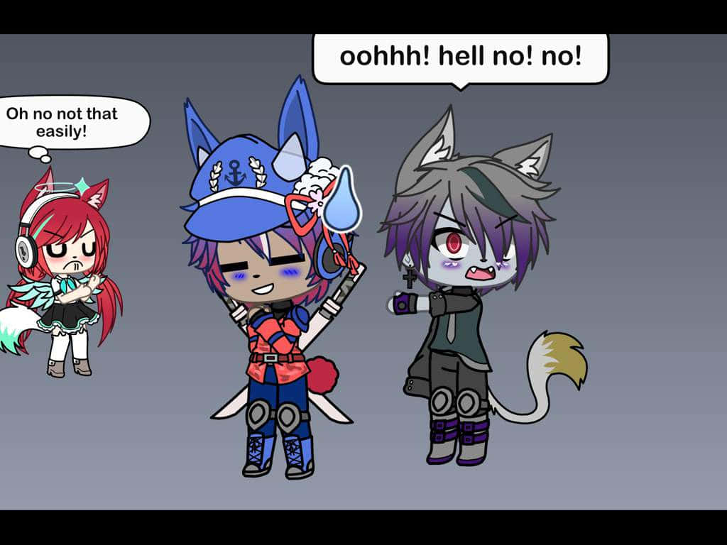 Gacha Life Funny 桌布 壁紙 — 三個帶有動物耳朵的Q版動漫角色在純灰色背景上以對話氣泡戲劇性地反應。