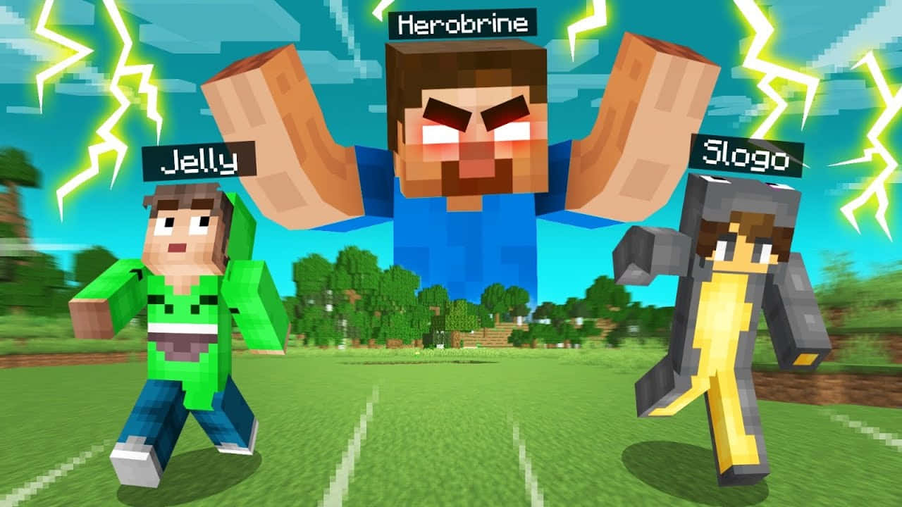 Jelly YouTube 桌布 壁紙 — 三個帶有名牌的Minecraft角色在有閃電的天空下跑過草地。